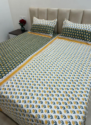 Green And Yellow Hand Block Printed Bed Sheet