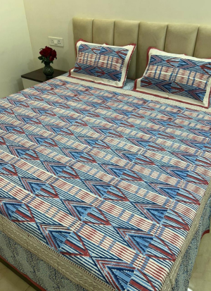 Blue And Red Hand Block Printed Bed Sheet