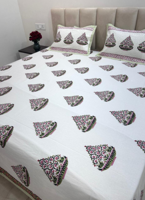 Pink And Green Hand Block Printed Bed Sheet