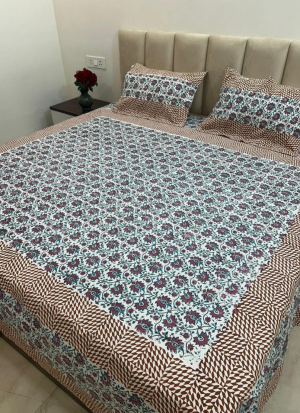 Red And Blue Hand Block Printed Bed Sheet