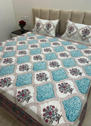 Blue And Red Hand Block Printed Bed Sheet