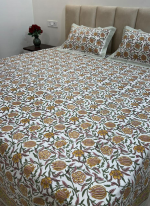Yellow and Green Hand Block Printed Bed Sheet