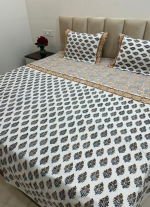 White And Blue Hand Block Printed Bed Sheet