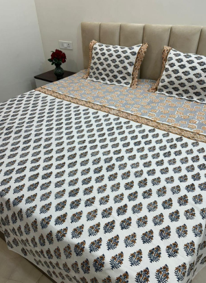 White And Blue Hand Block Printed Bed Sheet