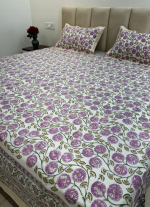 Purple And Green Floral Hand Block Printed Bed Sheet