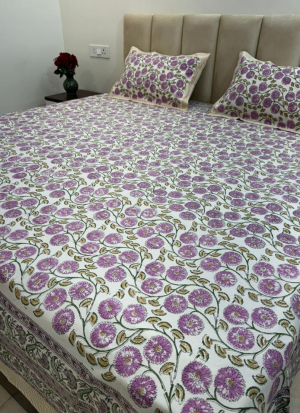 Purple And Green Floral Hand Block Printed Bed Sheet