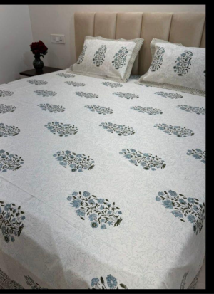 Blue And Green Floral Hand Block Printed Bed Sheet