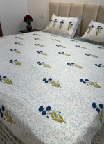 Blue And Green Floral Hand Block Printed Bed Sheet
