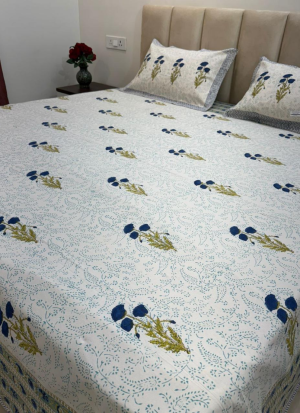 Blue And Green Floral Hand Block Printed Bed Sheet