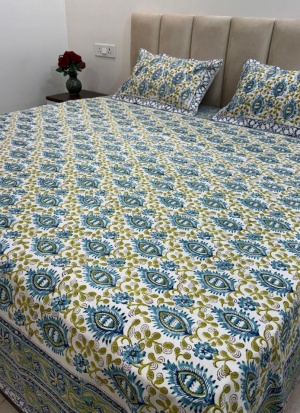 Green Blue Floral Hand Block Printed Bed Sheet