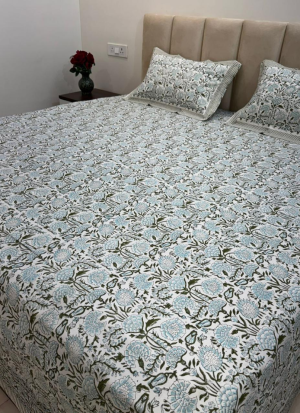 Light Blue And Green Hand Block Printed Bed Sheet