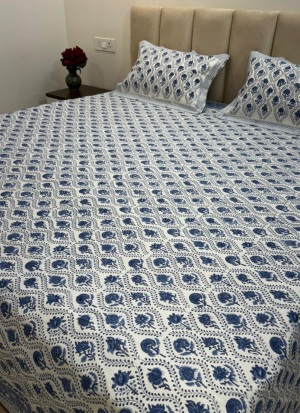 White And Blue Hand Block Printed Bed Sheet