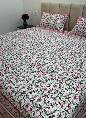 White And Pink Hand Block Printed Bed Sheet