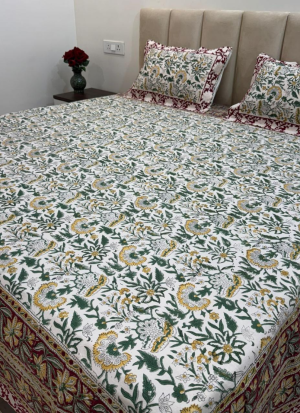 Green And Yellow Hand Block Printed Bed Sheet