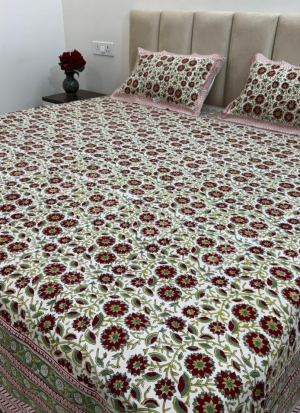 White And Green Hand Block Printed Bed Sheet