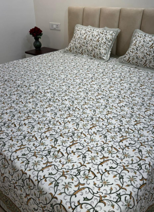 Green And Brown Hand Block Printed Bed Sheet