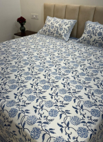 White And Blue Hand Block Printed Bed Sheet