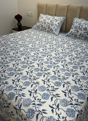White And Blue Hand Block Printed Bed Sheet