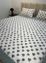Blue And Green Floral  Hand Block Printed Bed Sheet