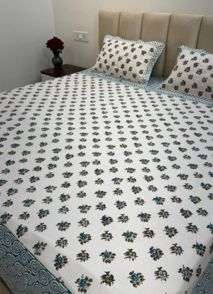 Blue And Green Floral  Hand Block Printed Bed Sheet