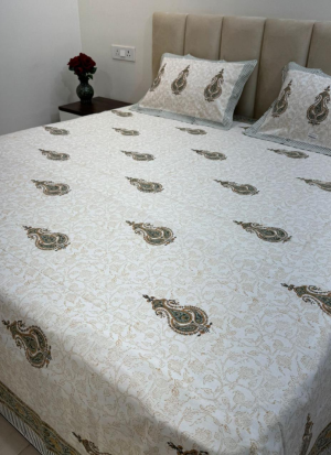 White And Green Floral  Hand Block Printed Bed Sheet