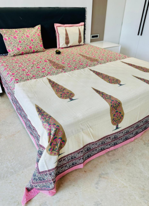 Cream And Pink Floral Bed Sheet