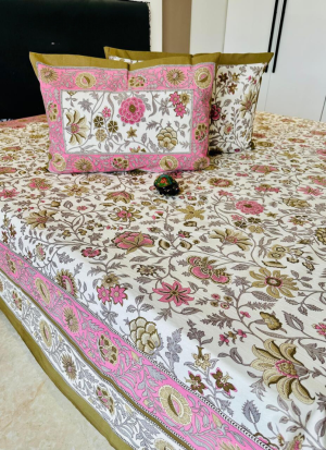 Pink And Beige Floral Bed Sheet