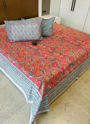 Orange And Green Floral Bed Sheet