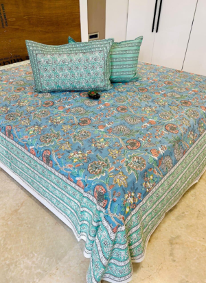 Blue And Green Floral Bed Sheet