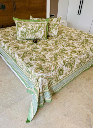 Green And White Floral Bed Sheet