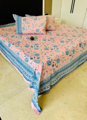 Pink And Blue Floral Bed Sheet