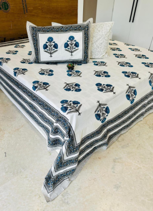 White And Blue Floral Bed Sheet