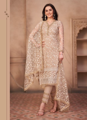 Beige Florals Embroidered Straight Salwar Kameez