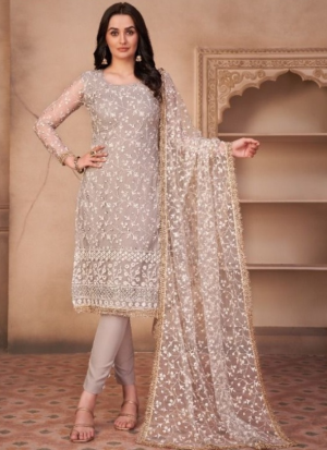 Grey Florals Embroidered Straight Salwar Kameez