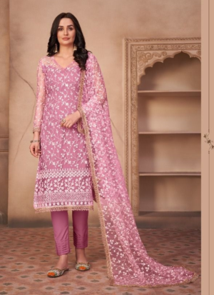 Dark Pink Florals Embroidered Straight Salwar Kameez